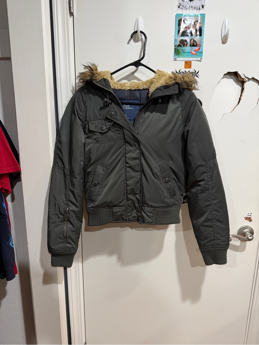 Vintage 2000s American Eagle Bomber Jacket Fur Hood Olive Green S AE Y2K